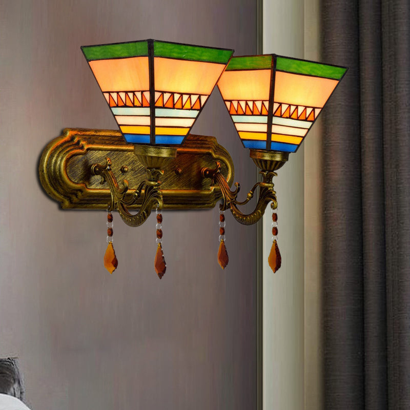 Brass 2 Bulbs Wall Mounted Lamp Mission Stained Glass 4-Sided Pyramid/Flared Wall Sconce Lighting