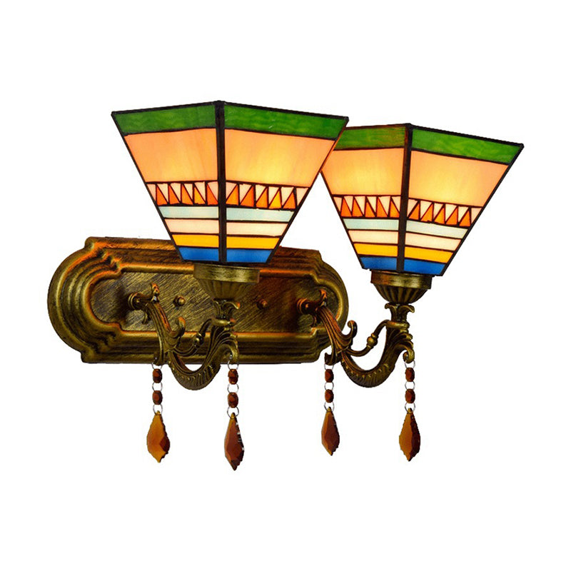 Brass 2 Bulbs Wall Mounted Lamp Mission Stained Glass 4-Sided Pyramid/Flared Wall Sconce Lighting