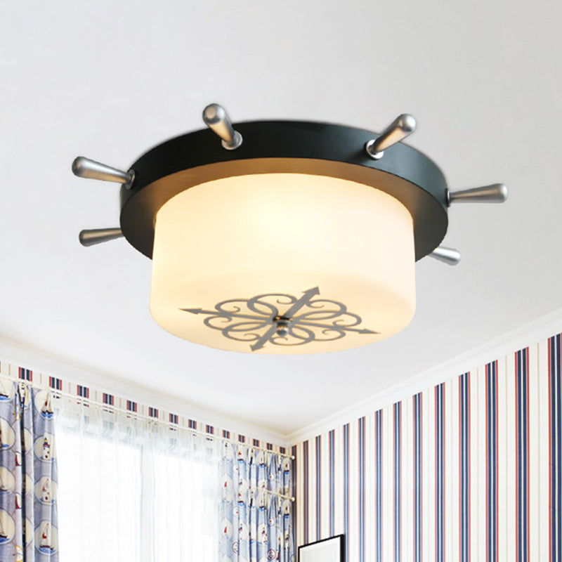 Trommel-Unterputzleuchte aus Opalglas, Cartoon, 3 Glühbirnen, Weiß/Hellblau/Schwarzgrün, Unterputzbeleuchtung mit Ruderbaldachin