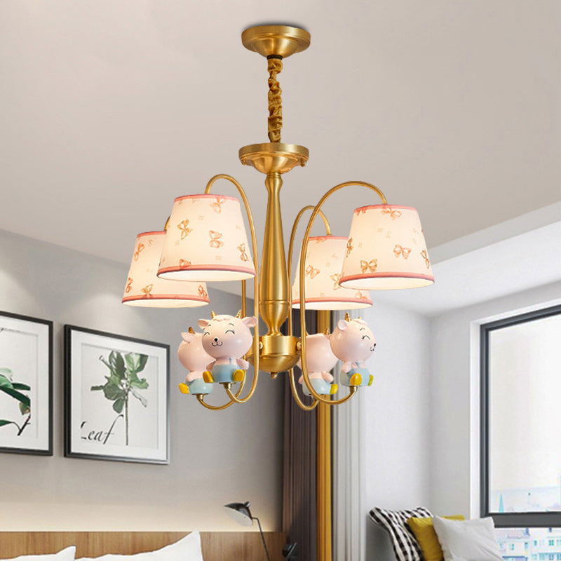Fabric Barrel Shade Pendant Chandelier Kids 4-Light Ceiling Suspension Lamp with Sheep Decor in Gold