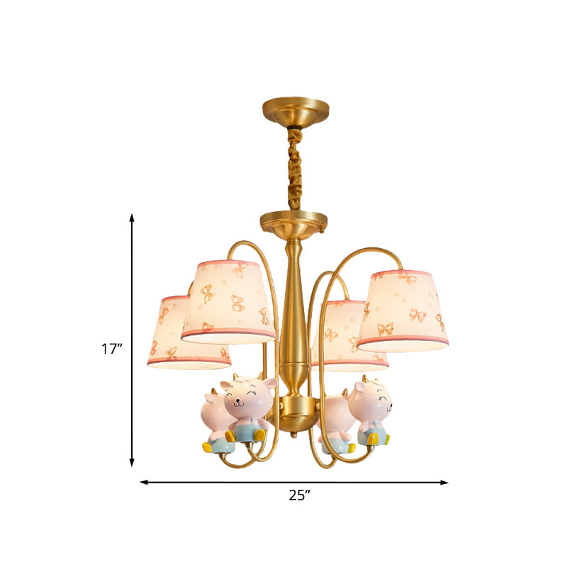 Fabric Barrel Shade Pendant Chandelier Kids 4-Light Ceiling Suspension Lamp with Sheep Decor in Gold