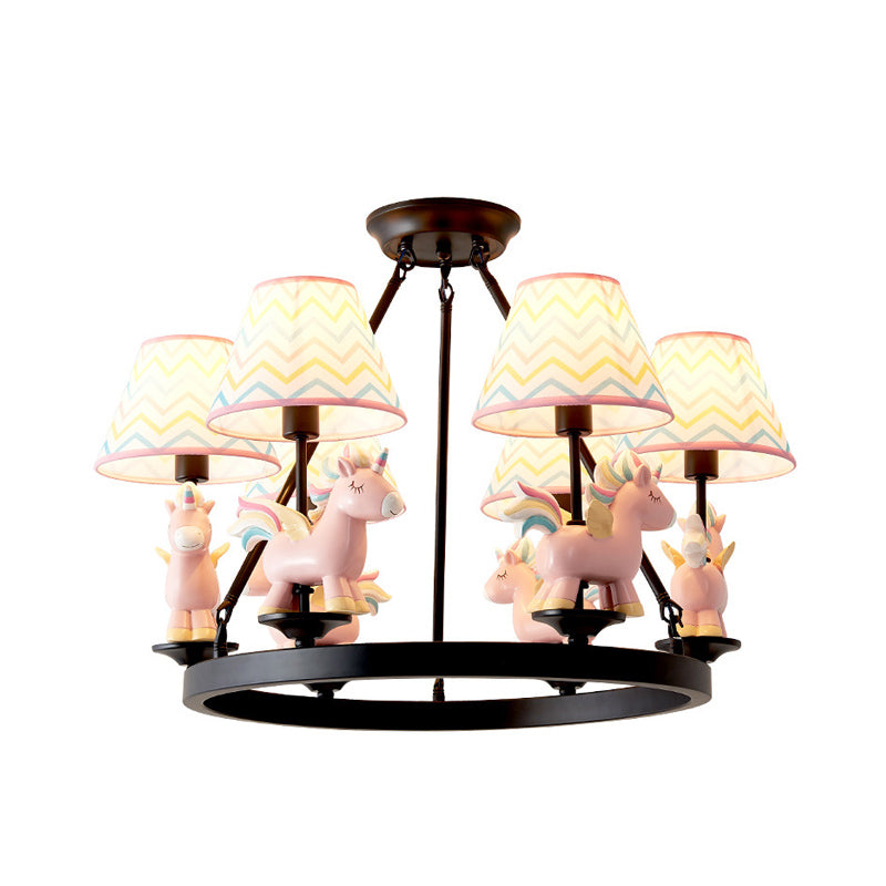 Pink Unicorn Pendulum Light with Black Ring Design Cartoon 6 Heads Fabric Ceiling Chandelier
