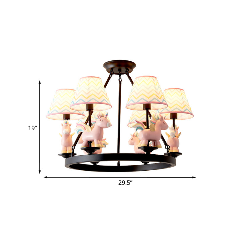 Luce a pendolo unicorno rosa con il lampadario del soffitto in tessuto a 6 teste di design ad anello nero