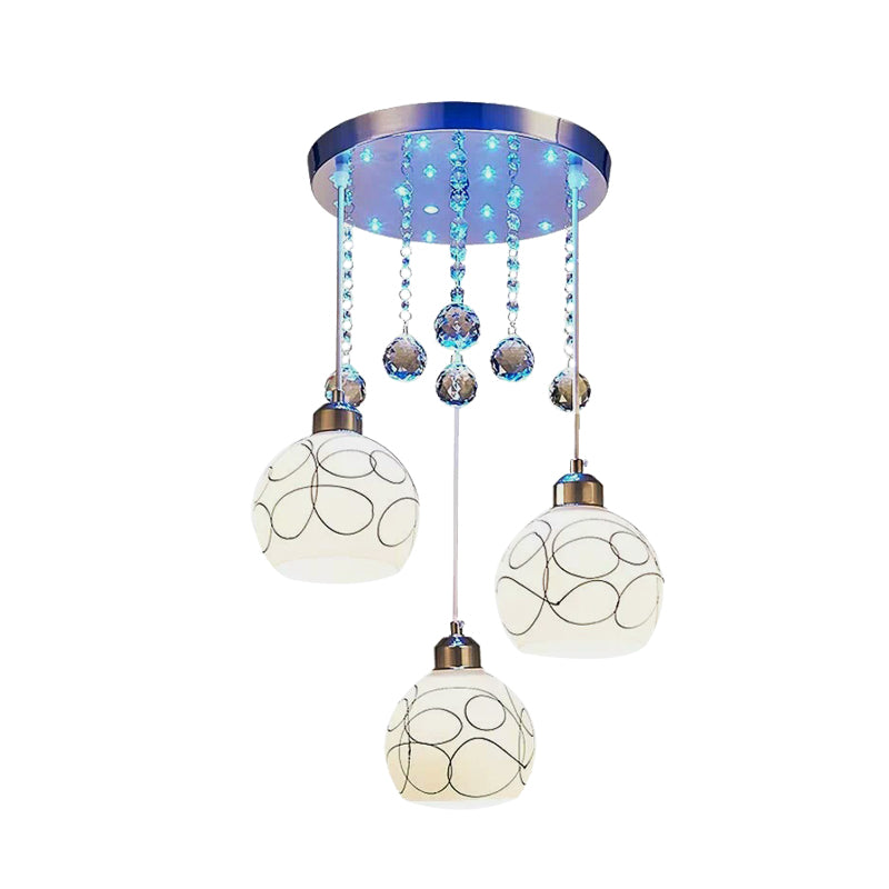 3 Lampen -Esszimmer Multi -Decken -Licht moderne Chrom -Pendellampe mit Kugel weißer Glasschatten, Kristallabfall