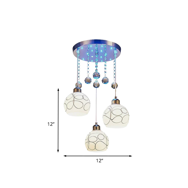 3 Bulbs Dining Room Multi Ceiling Light Modern Chrome Pendulum Lamp with Ball White Glass Shade, Crystal Drop