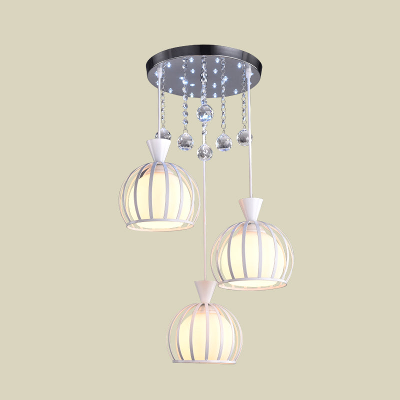 Cage en dôme multi-pendentif MODERNE Iron 3 têtes de finition blanche Lumière suspension avec une teinte en verre d'opale intérieure