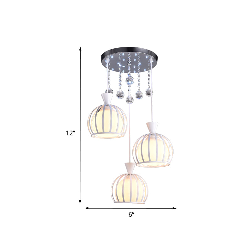 Gewölbter Käfig Multi-Pendant moderner Eisen 3 Köpfe weiße Finish-Suspension Licht mit Opalglas Schatten innerlich