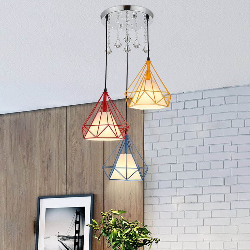 Rot-gelbblaues Diamantkäfig-Anhängerlampe moderne 3-Kopf-Eisen-Multi-Licht-Deckenbeleuchtung
