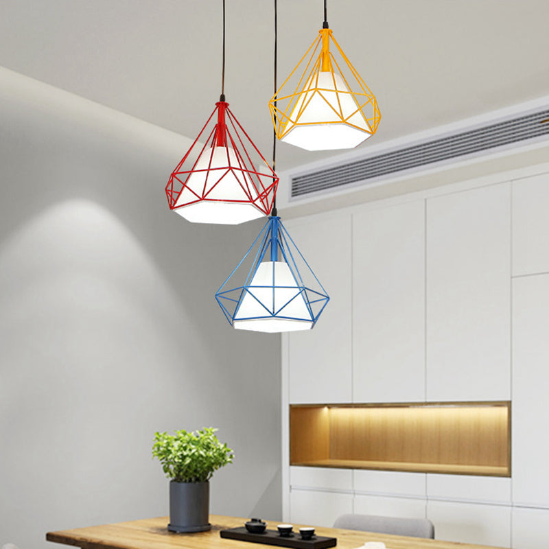 Rot-gelbblaues Diamantkäfig-Anhängerlampe moderne 3-Kopf-Eisen-Multi-Licht-Deckenbeleuchtung