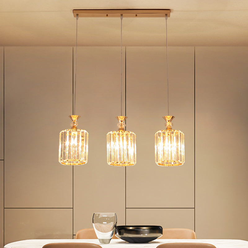 Goldzylinder Deckenhängung Licht Einfach 3 Lichter Kristallprismen Multi -Anhänger -Lampe