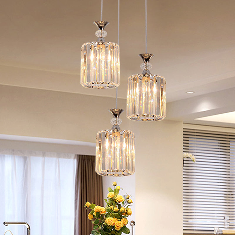 Klarer Kristallprismen Zylinder Multi-Pendant Minimal 3 Köpfe Chrom Finish Deckenhänge-Fixture