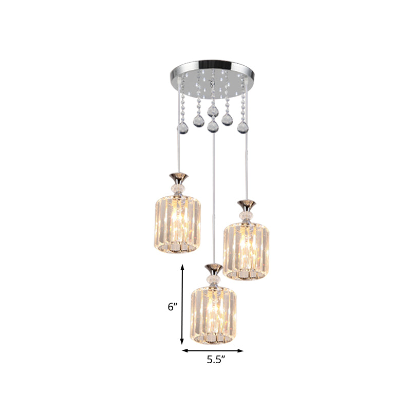 Klarer Kristallprismen Zylinder Multi-Pendant Minimal 3 Köpfe Chrom Finish Deckenhänge-Fixture