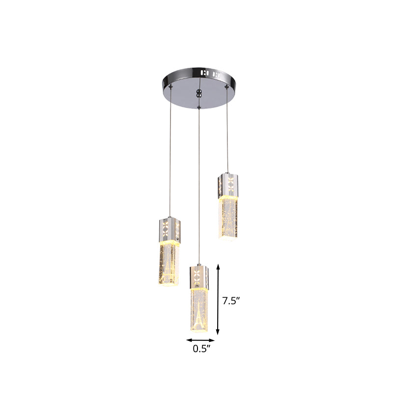 Square Tube LED Hanging Lamp Simple Clear Crystal Glass 3-Light Dining Room Cluster Light Pendant in Chrome