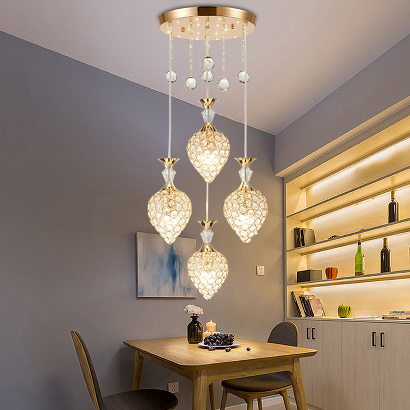 Crystal Encrusted Teardrop Cluster Pendant Modernist 3-Bulb Gold Finish Hanging Ceiling Light