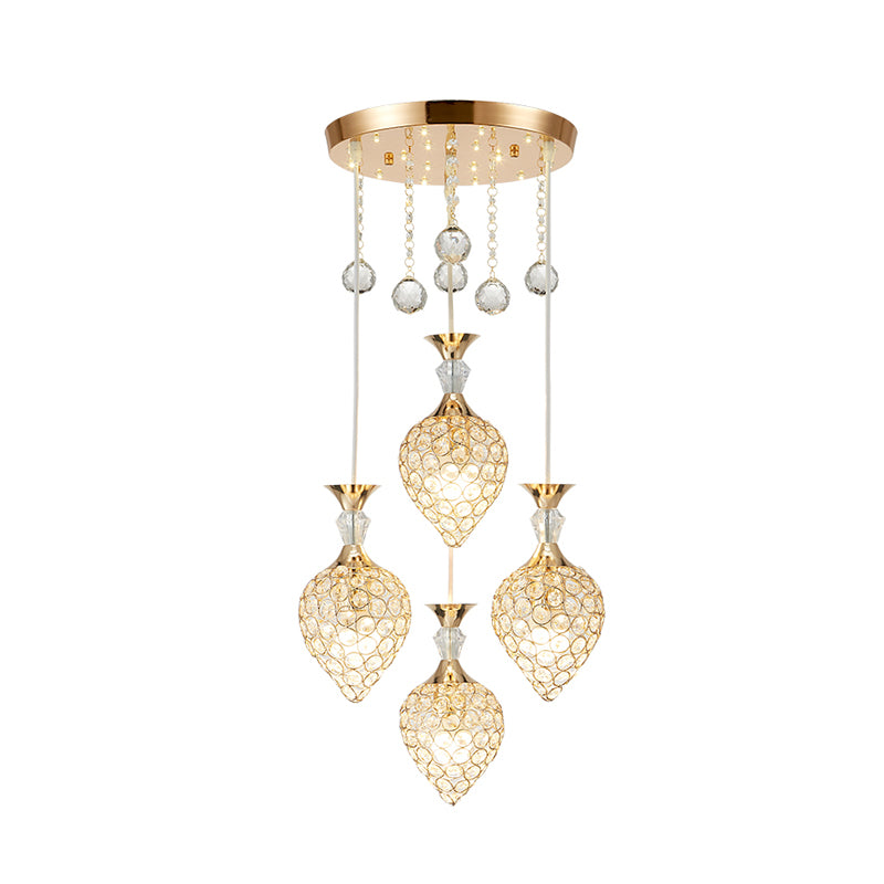 Crystal Encrusted Teardrop Cluster Pendant Modernist 3-Bulb Gold Finish Hanging Ceiling Light