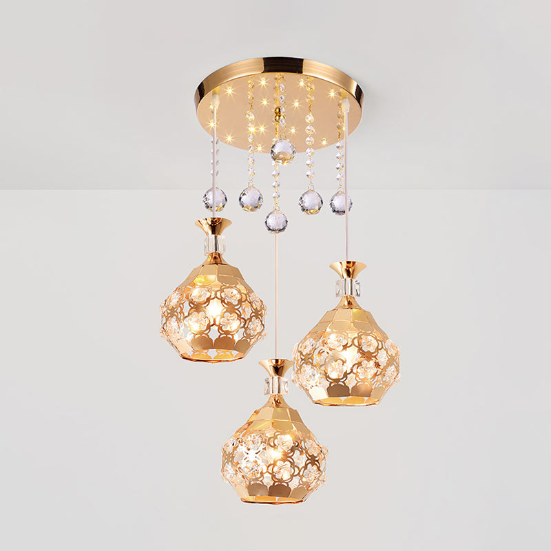 Dome Dinning Room Multi Hanging Light Crystal Embedded 3 Lights Modernism Suspension Lamp in Gold