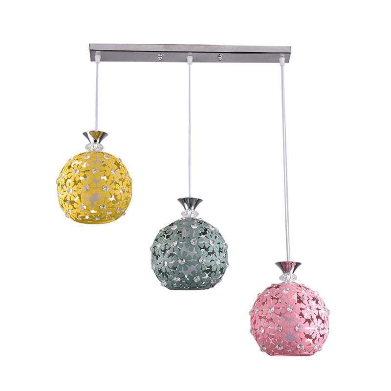 Green-Yellow-Pink Globe Cluster Pendant with Floret Design Modern 3-Head Iron Hanging Lighting