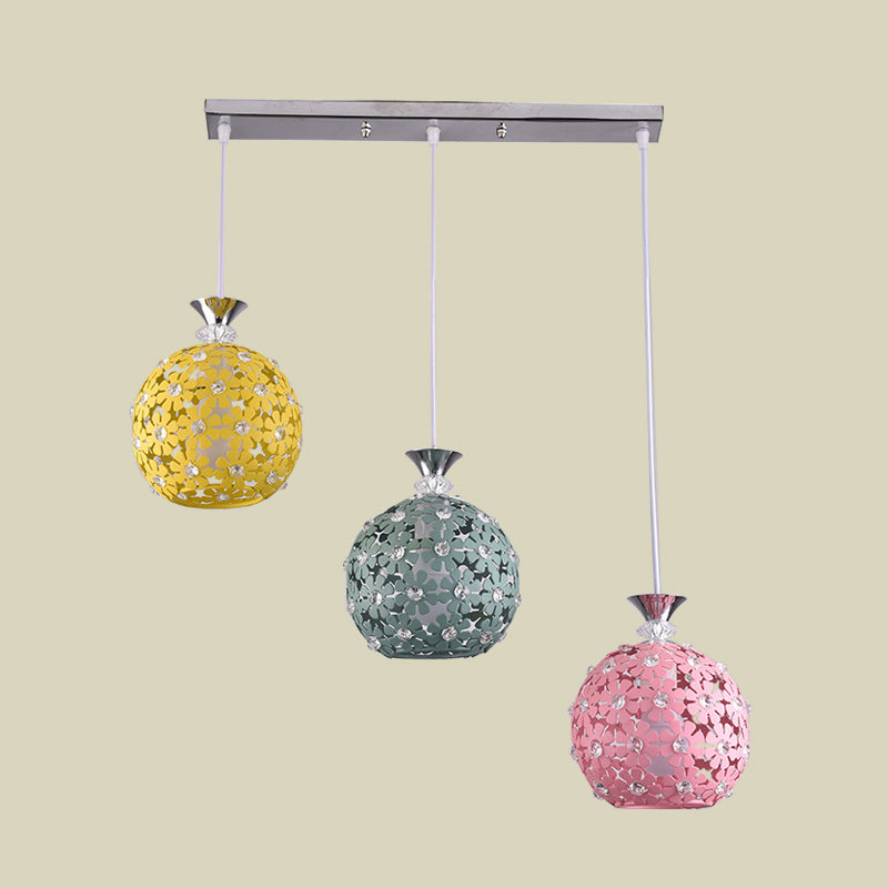 Green-Yellow-Pink Globe Cluster Pendant with Floret Design Modern 3-Head Iron Hanging Lighting