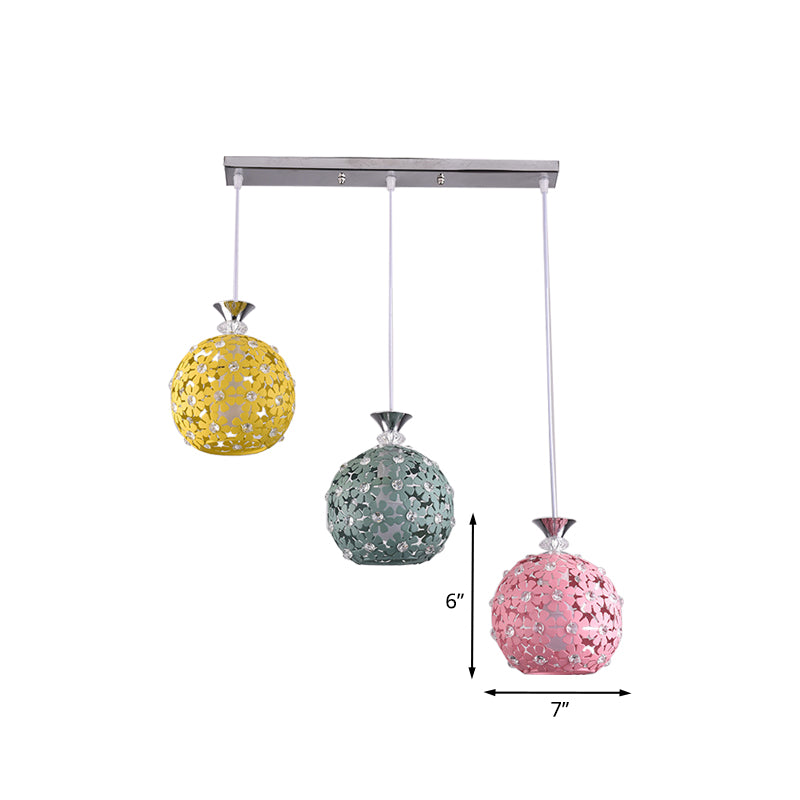 Green-Yellow-Pink Globe Cluster Pendant with Floret Design Modern 3-Head Iron Hanging Lighting