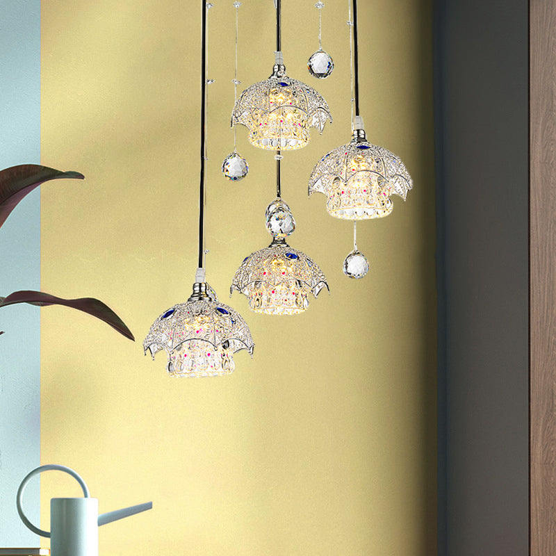 Cilindro a blocchi di cristallo cluster luce ciondolo contemporaneo a 4 luci finitura cromato giù illuminazione con top ombrello