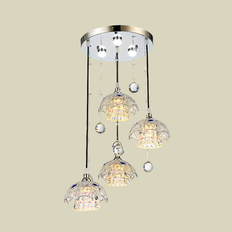Cilindro a blocchi di cristallo cluster luce ciondolo contemporaneo a 4 luci finitura cromato giù illuminazione con top ombrello