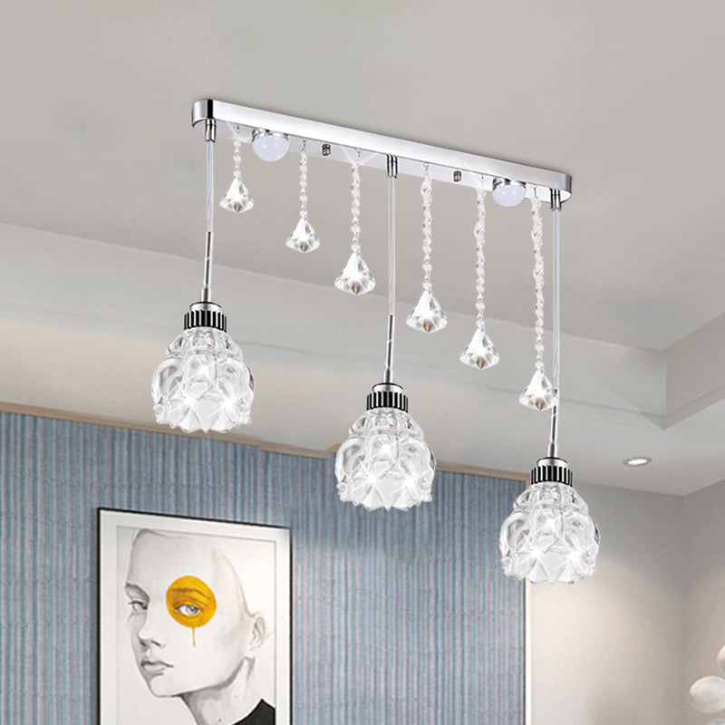 Illuminazione floreale in argento semplice 3 teste trasparente in vetro in vetro lineare lineare lampada multi pendente sul tavolo da pranzo