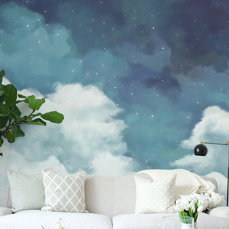 Fresh Mural Wallpaper for Living Room, Pastel Blue and White Cloudy Sky and Star, Made to Measure