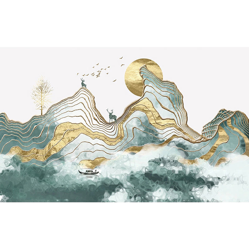 Giant Illustration Style Murals Chinese Traditional Landscape Painting in Yellow and Green for Decor