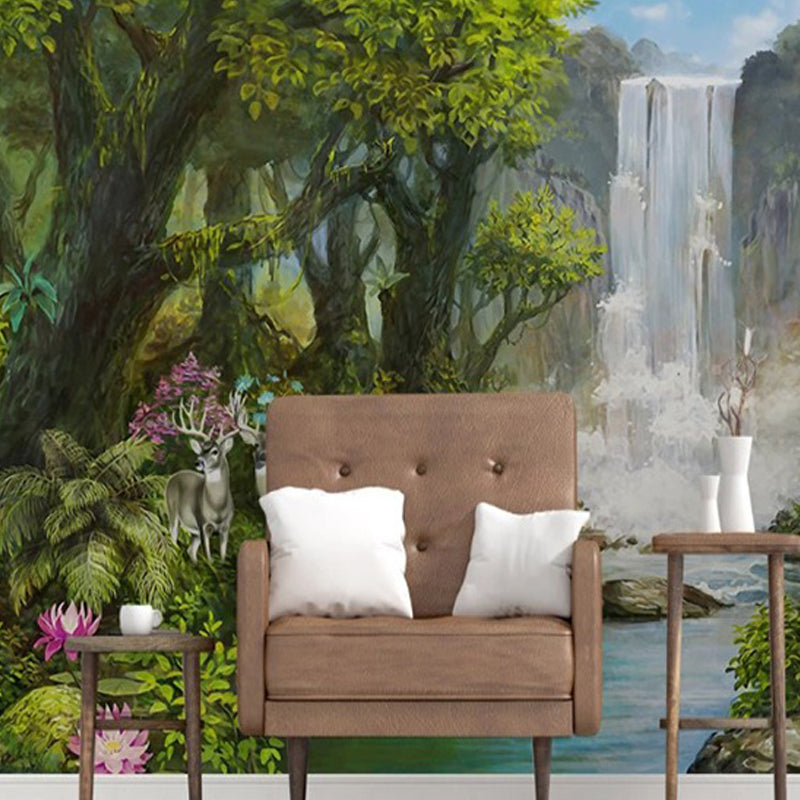 Wandgemälde in frischen Farben, Regenwald und Wasserfall, schmutzabweisende Wandkunst für Cafés