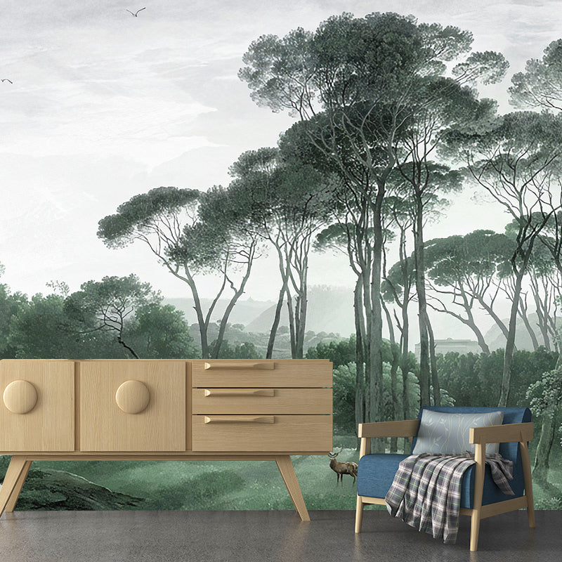 Illustration Style Mural Wallpaper Tall Tree and Grass Giant Wall Covering for Decor, Customized Size Available