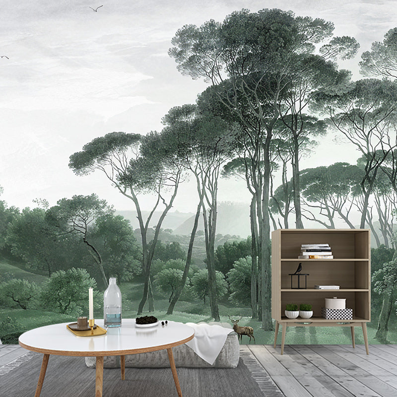 Illustration Style Mural Wallpaper Tall Tree and Grass Giant Wall Covering for Decor, Customized Size Available