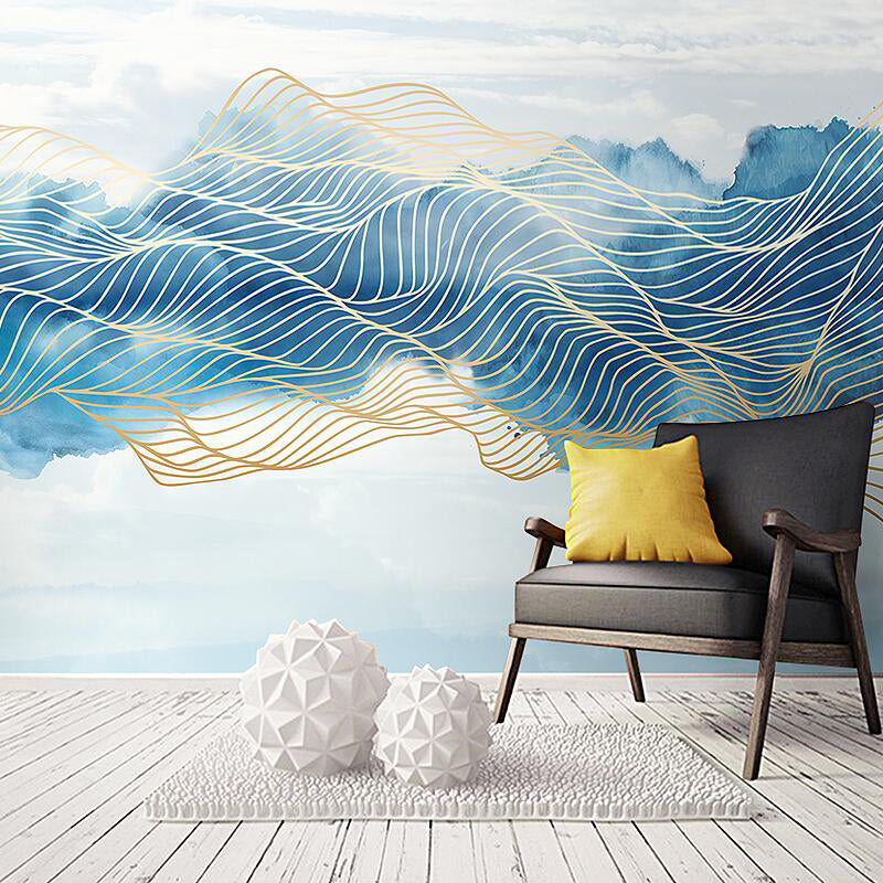 Natural Turquoise Murals with Mountain and Trellis Pattern for Accent Wall, Non-Woven Material