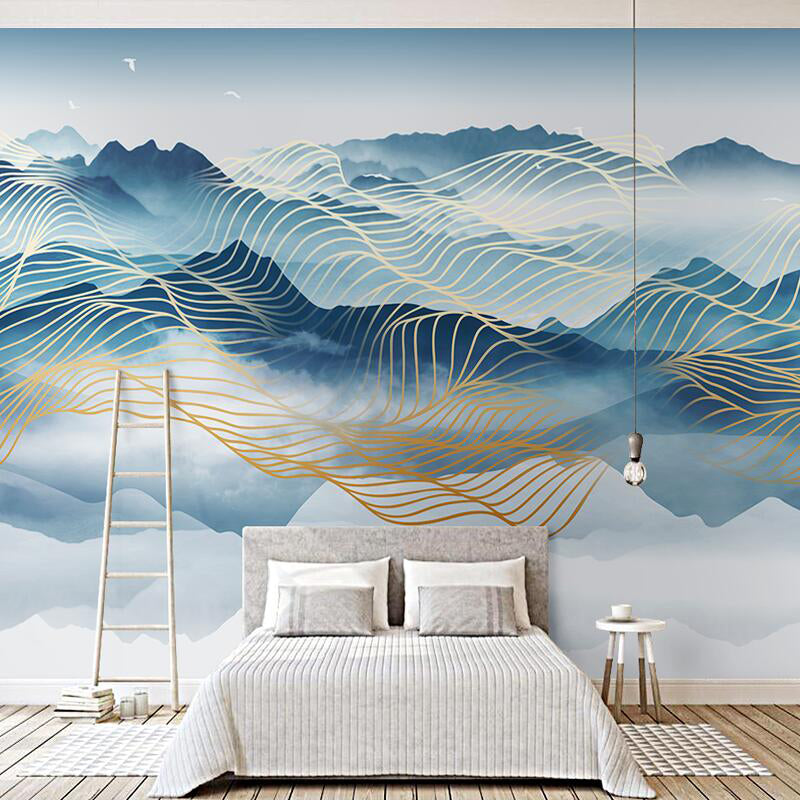 Natural Turquoise Murals with Mountain and Trellis Pattern for Accent Wall, Non-Woven Material