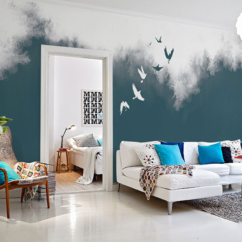 Bush and Flying Bird Mural Wallpaper in Green and White, Nostalgic Wall Covering for Living Room