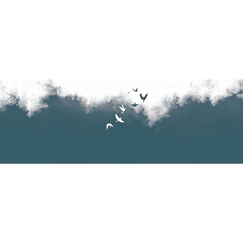 Bush and Flying Bird Mural Wallpaper in Green and White, Nostalgic Wall Covering for Living Room