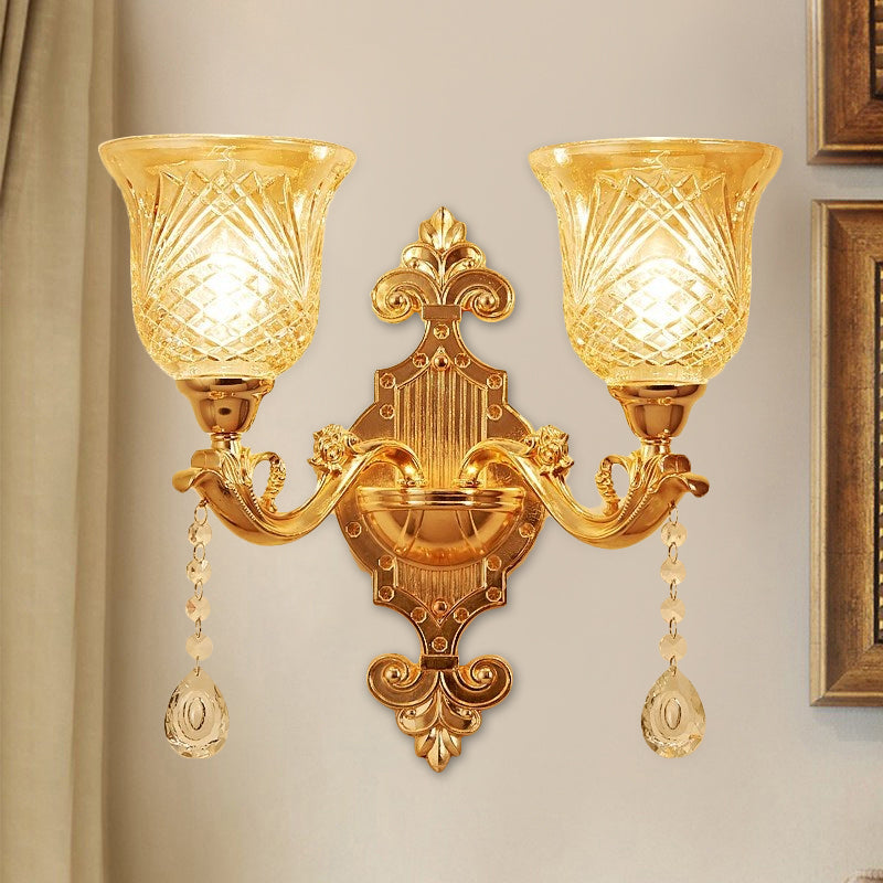 2 Lights Dome/Flower Up Wall Sconce Light European Gold Textured Crystal Wall Lamp Fixture