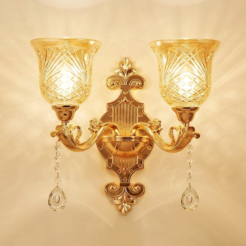 2 Lights Dome/Flower Up Wall Sconce Light European Gold Textured Crystal Wall Lamp Fixture