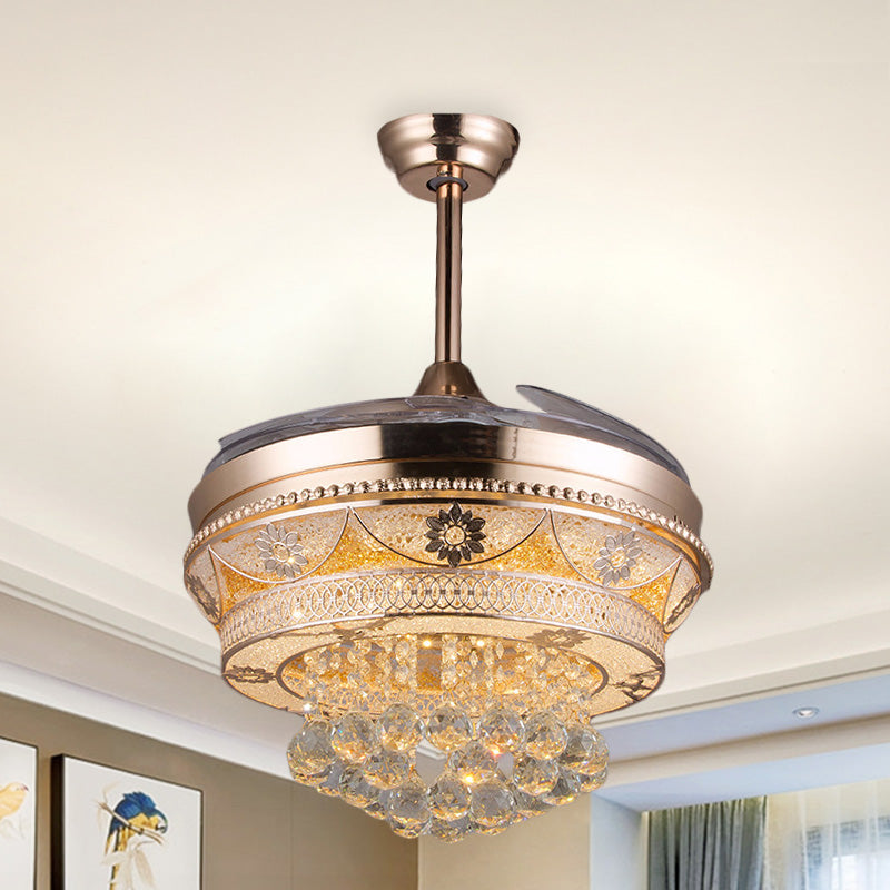 Roségouden LED -plafondventilator Licht Modern Crystal Round Semi Flush Mount met 3 intrekbare messen, 42,5 "breedte