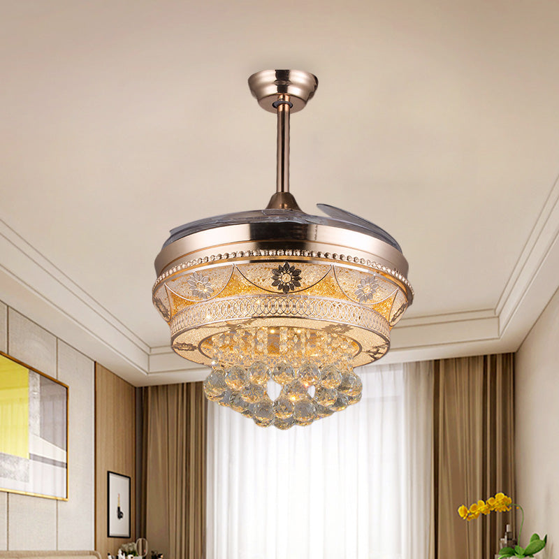 Roségouden LED -plafondventilator Licht Modern Crystal Round Semi Flush Mount met 3 intrekbare messen, 42,5 "breedte