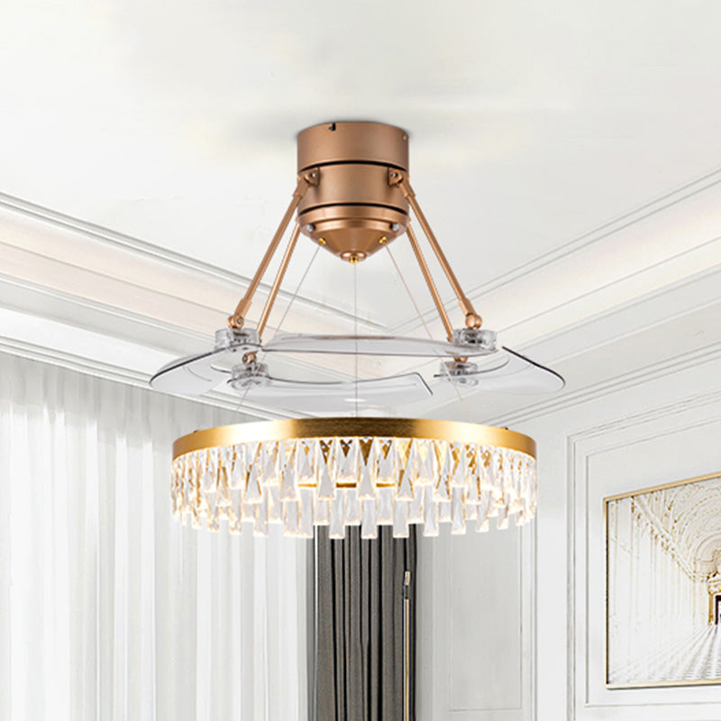 Crystal Prism Gold LED-ventilator Licht cirkelvormige cirkelvormige 3-blade postmoderne stijl semi-flush mount plafondlicht, 48 "breed