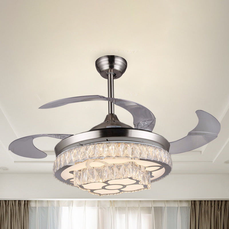 Moderne bloemen LED-plafondventilator 42,5 "breed 3-blade kristal ingelegde semi-flush mount lamp in nikkel in nikkel