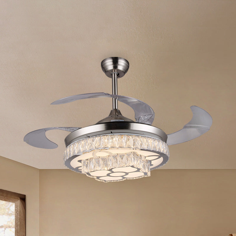 Moderne bloemen LED-plafondventilator 42,5 "breed 3-blade kristal ingelegde semi-flush mount lamp in nikkel in nikkel
