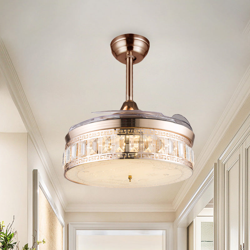 Trommel verrukte kristal semi-spoelventilator licht eenvoudige eetkamer 3-blade led dicht bij plafondlamp in goud, 42,5 "w