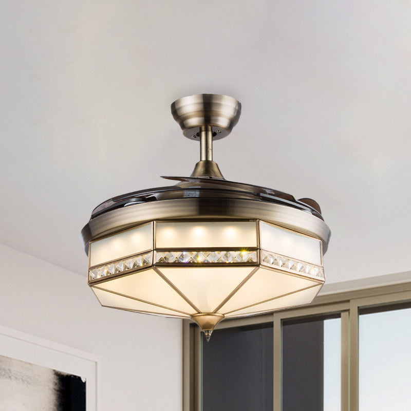 42,5 "breites Oktagon -LED -Deckenlüfter Vintage Bronze Kristall Halbflush -Montierung Leuchte mit 3 einziehbaren Klingen