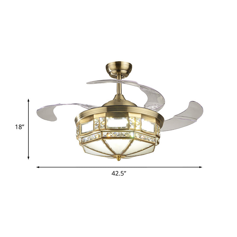 Jurte geformtes Schlafzimmer LED-Lüfter Leichtkit Traditionelle Kristall 3-Blade 42,5 "Breite Messing Halbflush Mount