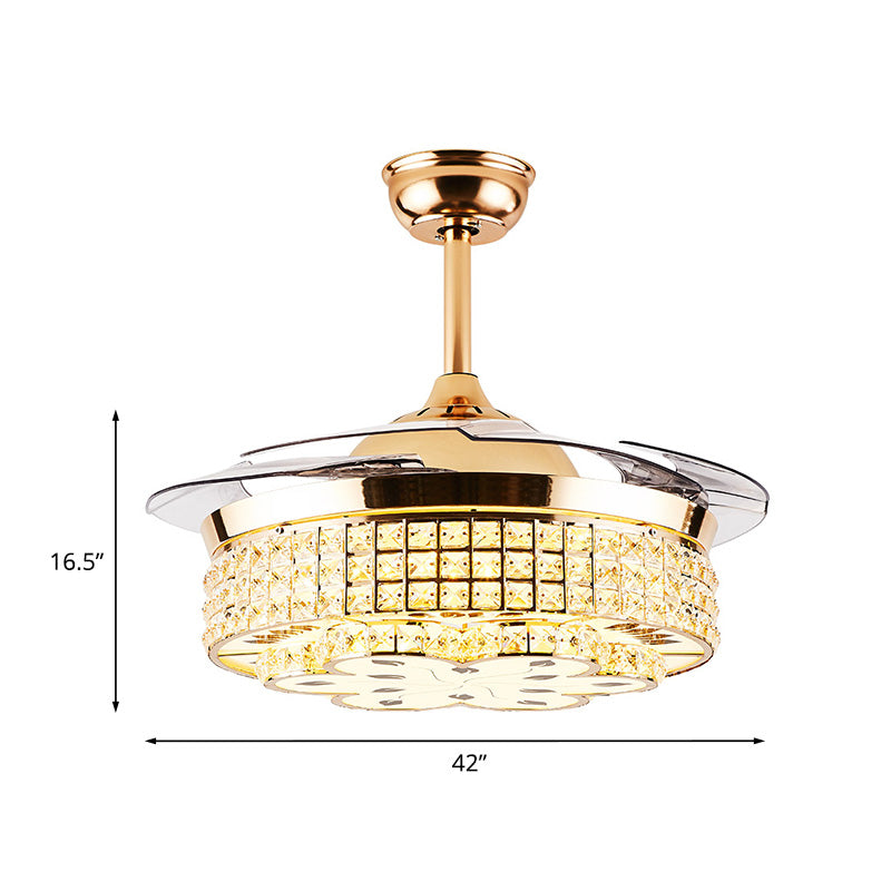 Lámpara de ventilador de techo incrustado de cristal de cuadrícula Hotel moderno de 42 "de ancho de montaje de semi rascilla de ancho en oro, 4 cuchillas