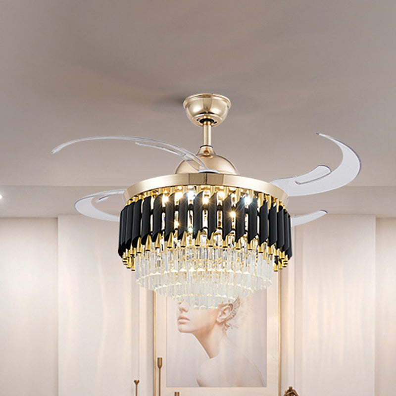 Prismatic Crystal Black-Gold Fan Light Layered Tapered Postmodern LED Semi Mount Lighting with 4 Blades, 47" Width