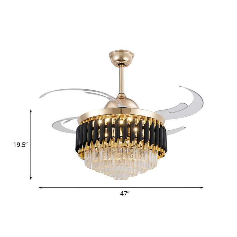 Prismatic Crystal Black-Gold Fan Light Layered Tapered Postmodern LED Semi Mount Lighting with 4 Blades, 47" Width