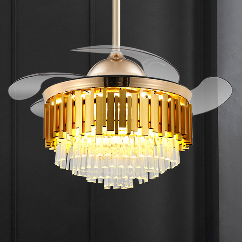 GOLD TAPERED Drum Semi Flush Mount Modernes Kristall Wohnzimmer 40 "breit LED -Deckenventilator mit 4 einziehbaren Klingen