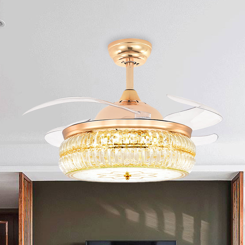 Snijd Crystal Gold Semi Flush Mount Light Drum 4 Blades 42,5 "brede modernistische LED -plafondventilator
